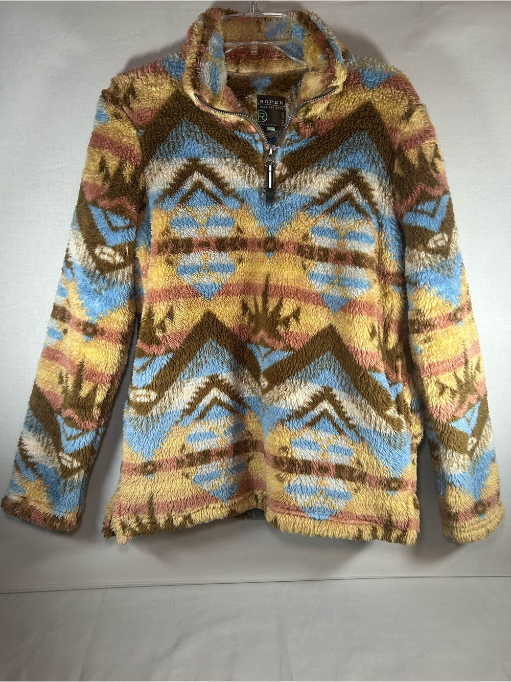 Roper Western Sweatshirt Womens Fleece 1/4 Zip XS Brown/Tan/Blue Pockets